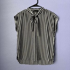 Women's Nine West Blouse Striped Tie-Neck Top Sleeveless Loose Fit V Neck XS